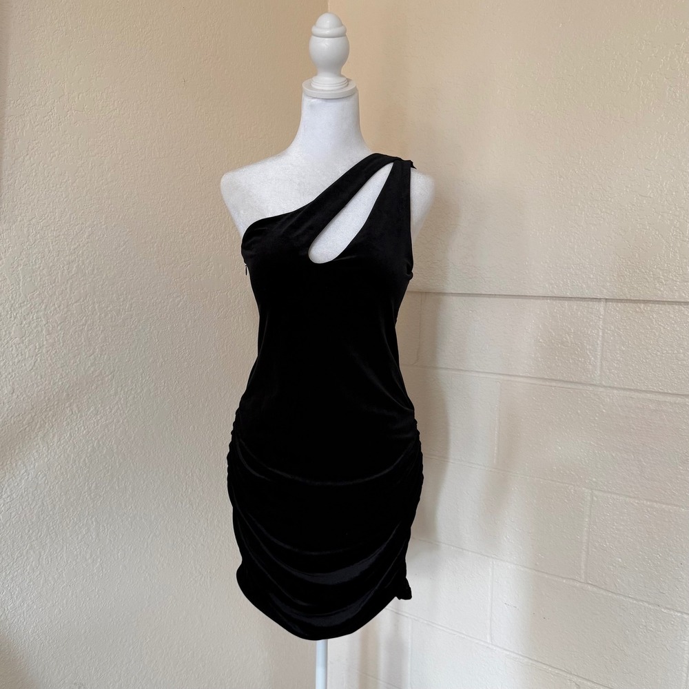 Klassy Network One Shoulder Dress Womens L Black Ruched Velvet Mini Cutout Glam